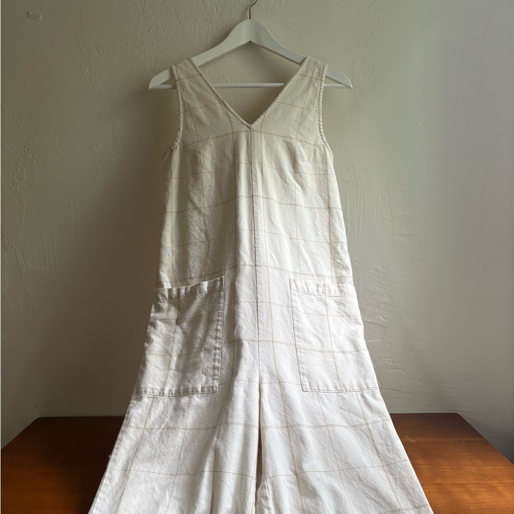 Laude the Label Cream Windowpane Print Jumpsuit with Pockets XXS